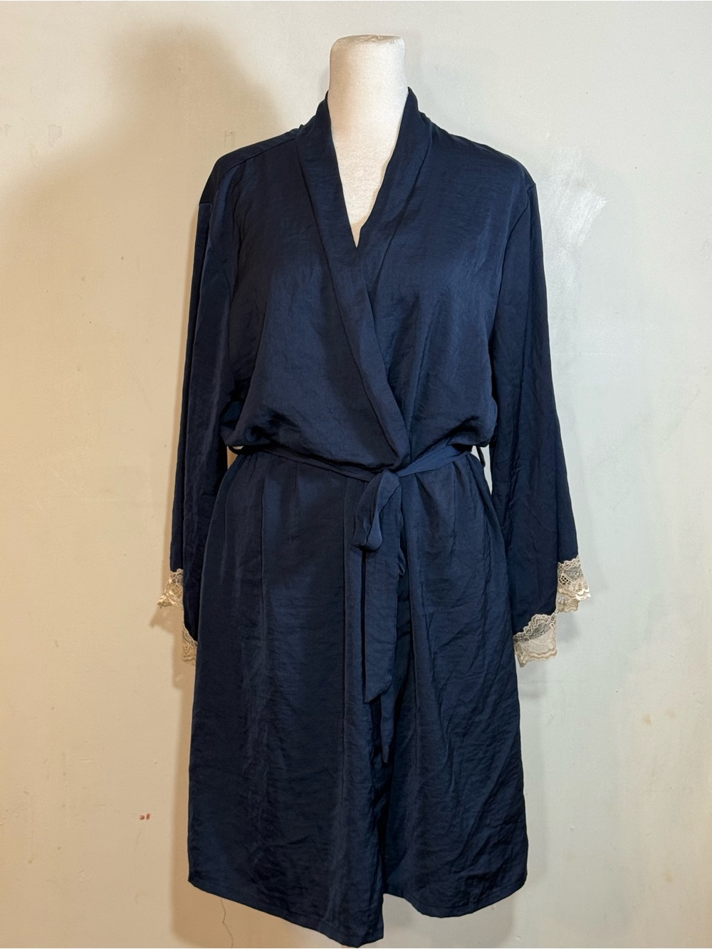 Secret Treasures Navy Satin Robe with Lace Cuff and Belt